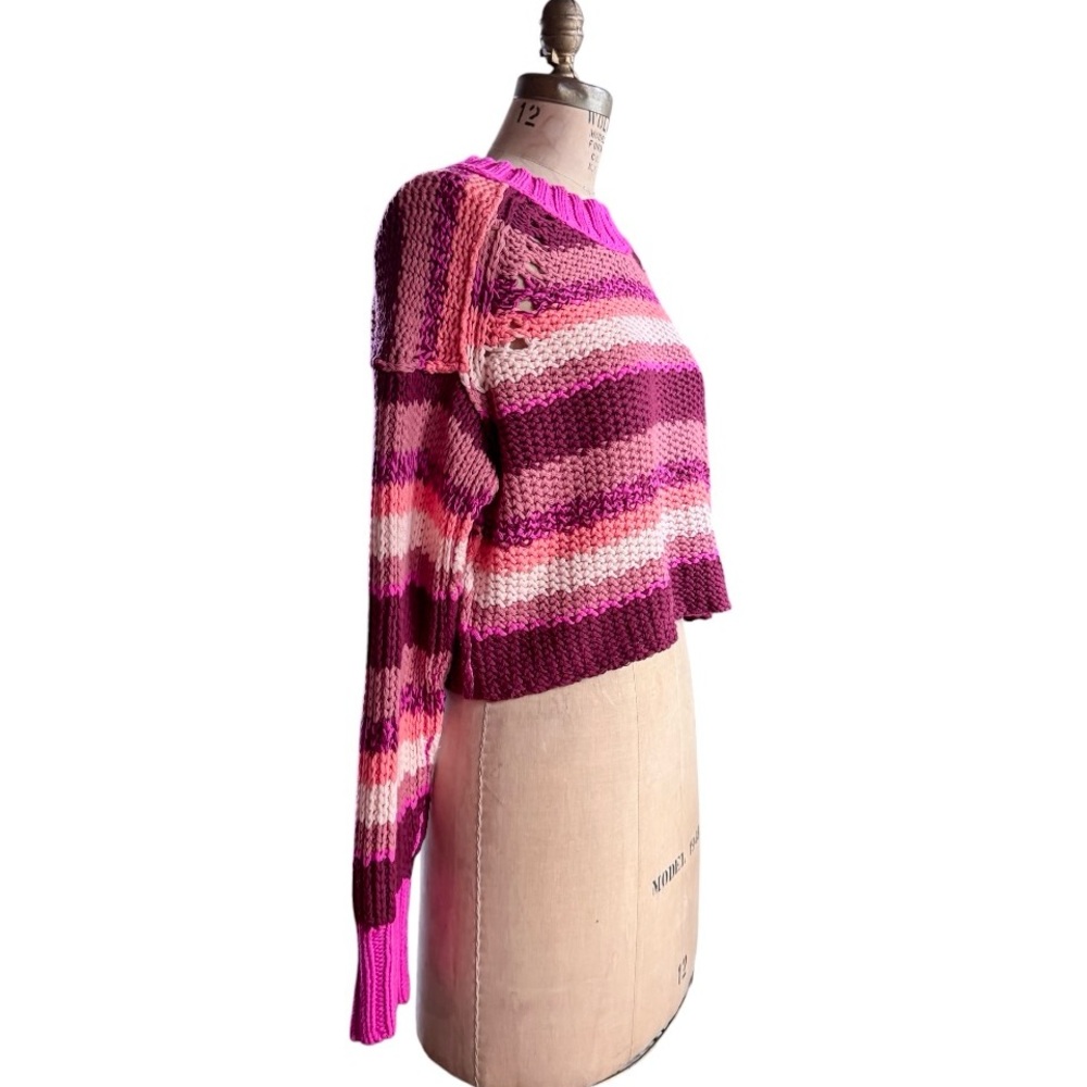 Free People Devon Cropped Knit Striped Sweater in Fuchsia Rose, Sz Sm - Picture 6 of 16